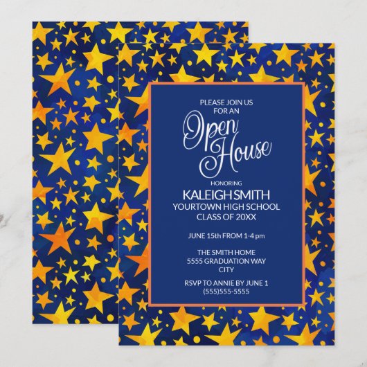 Gold Stars op Navy Blue Open House Afstudeerder Pa Kaart (Voorkant / Achterkant)