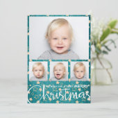 Gold Stars op Turquoise Multiple Photo Kerstmis Feestdagenkaart (Staand voorkant)