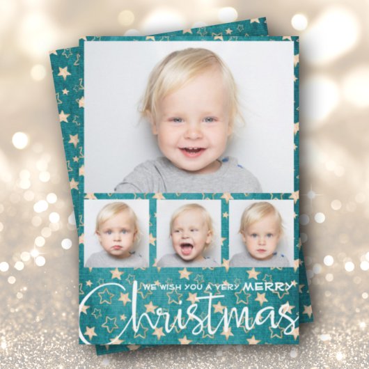Gold Stars op Turquoise Multiple Photo Kerstmis Feestdagenkaart