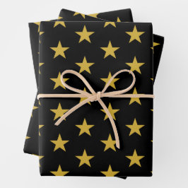 Gold Stars op zwart Inpakpapier Vel