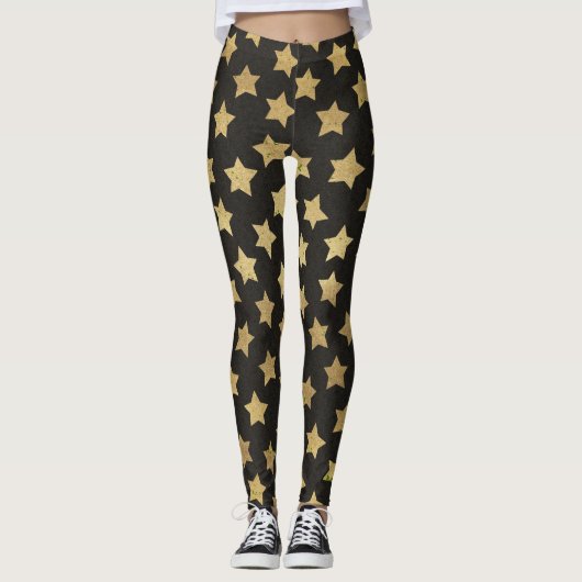 Gold Stars Pattern Black Leggings Womens (Voorkant)