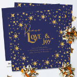 Gold Stars Peace Love en Joy Simple Elegant Blue Feestdagenkaart<br><div class="desc">Moderne en elegante gepersonaliseerde vakantiekaart,  met gouden sterren en met letters in scriptkalligrafie en feestelijke typografie. Eenvoudig minimale typografische vormgeving met een overvloed aan gouden sterren. De sjabloon is klaar voor u om de groet te personaliseren en jouw naam(s) toe te voegen.</div>