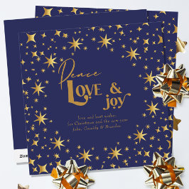 Gold Stars Peace Love en Joy Simple Elegant Blue Feestdagenkaart