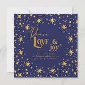 Gold Stars Peace Love en Joy Simple Elegant Blue Feestdagenkaart (Voorkant)