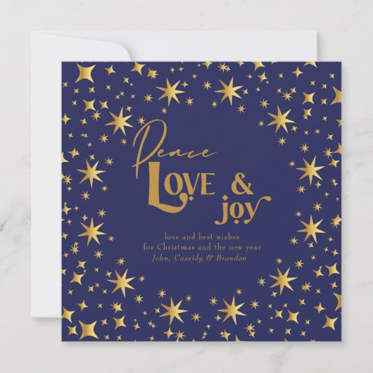 Gold Stars Peace Love en Joy Simple Elegant Blue Feestdagenkaart (Voorkant)