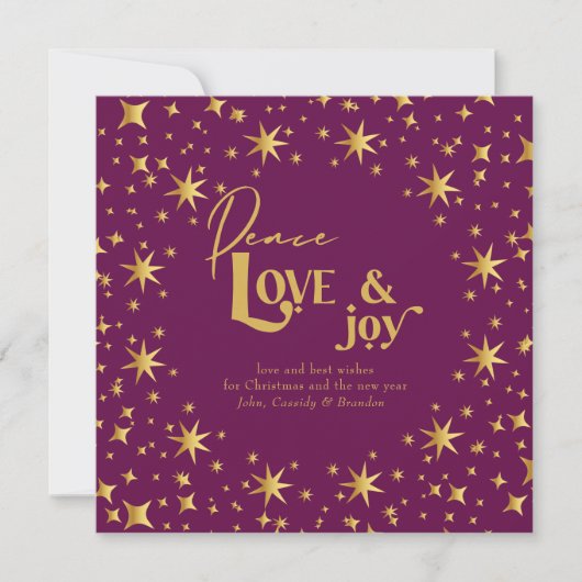 Gold Stars Peace Love en Joy Simple Elegant Plum Feestdagenkaart (Voorkant)