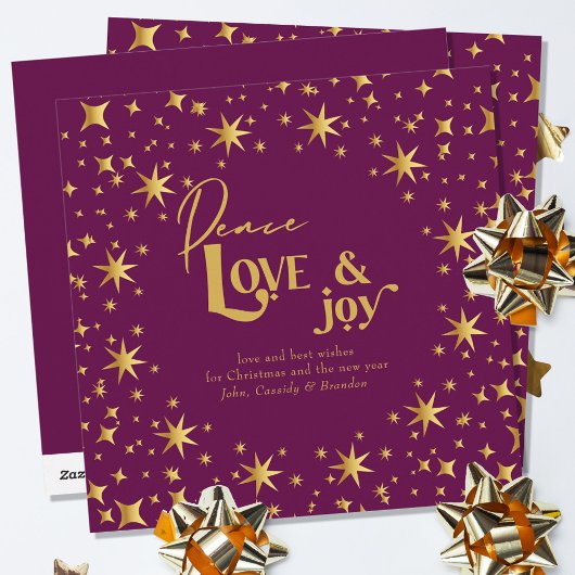 Gold Stars Peace Love en Joy Simple Elegant Plum Feestdagenkaart
