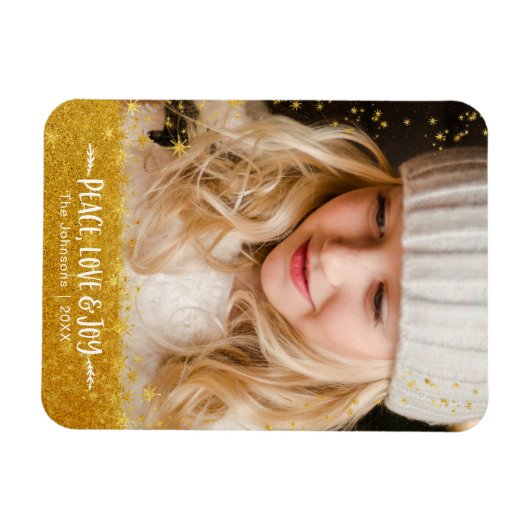 Gold Stars "Peace Love Joy" Custom Holiday Photo Magneet (Horizontaal)