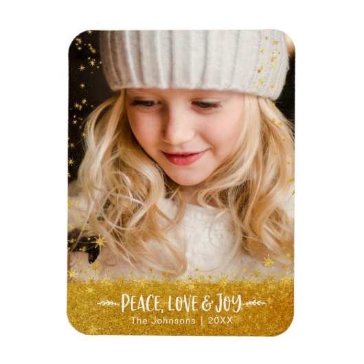 Gold Stars "Peace Love Joy" Custom Holiday Photo Magneet (Verticaal)
