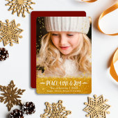 Gold Stars Peace Love Joy Modern Script Photo Feestdagenkaart