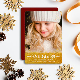 Gold Stars Peace Love Joy Modern Script Photo Feestdagenkaart