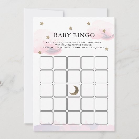 Gold Stars Pink Clouds Baby shower Bingo Game Kaar Kaart (Voorkant)