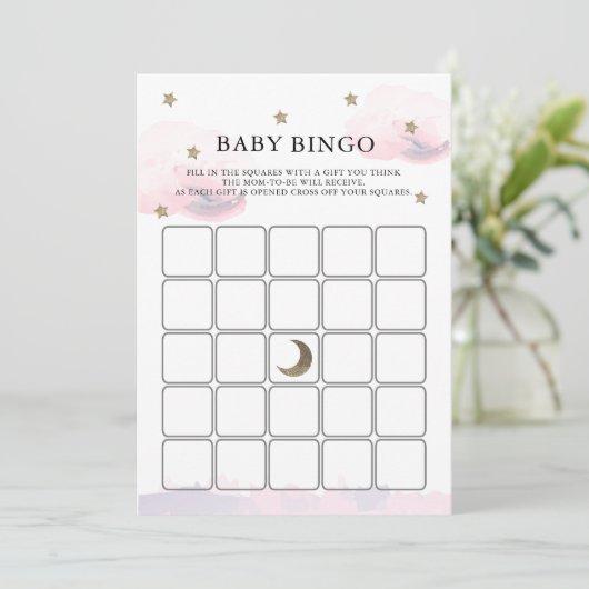 Gold Stars Pink Clouds Baby shower Bingo Game Kaar Kaart (Staand voorkant)