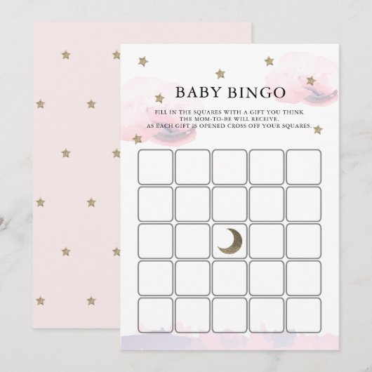 Gold Stars Pink Clouds Baby shower Bingo Game Kaar Kaart (Voorkant / Achterkant)