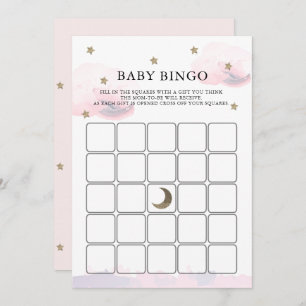 Gold Stars Pink Clouds Baby shower Bingo Game Kaar Kaart