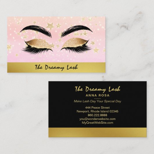 *~* Gold Stars PINK Lashes Brows Extensions Chic Visitekaartje (Voorkant / Achterkant)