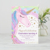 Gold Stars Rainbow Unicorn Birthday Uitnodiging (Staand voorkant)