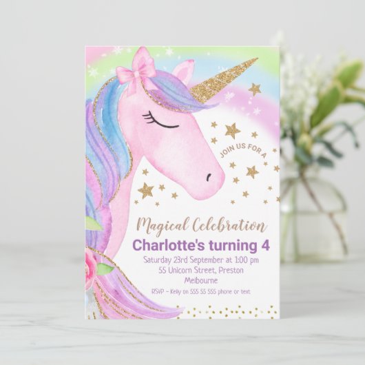 Gold Stars Rainbow Unicorn Birthday Uitnodiging (Staand voorkant)