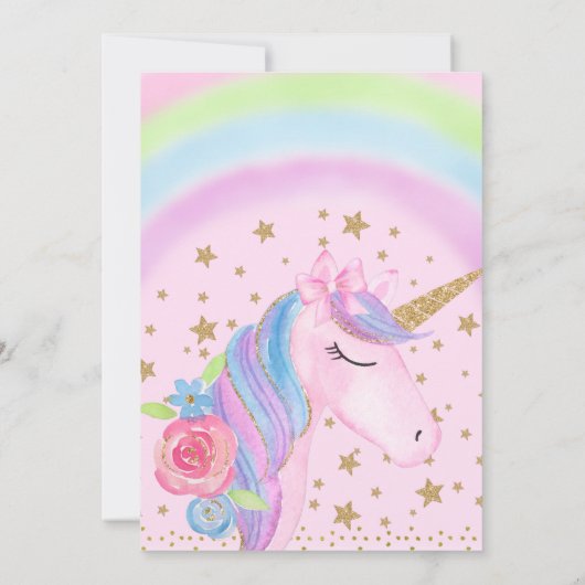 Gold Stars Rainbow Unicorn Birthday Uitnodiging (Achterkant)
