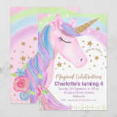 Gold Stars Rainbow Unicorn Birthday Uitnodiging (Voorkant / Achterkant)