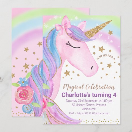 Gold Stars Rainbow Unicorn Birthday Uitnodiging (Voorkant / Achterkant)