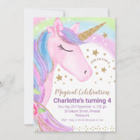 Gold Stars Rainbow Unicorn Birthday Uitnodiging