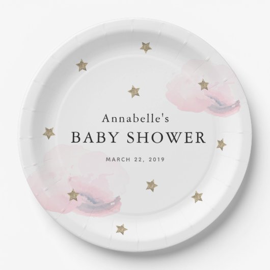 Gold Stars & Roze Clouds Baby shower Papieren Bordje (Voorkant)
