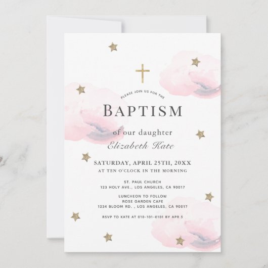 Gold Stars & Roze Clouds Girl Baptisme Kaart (Voorkant)