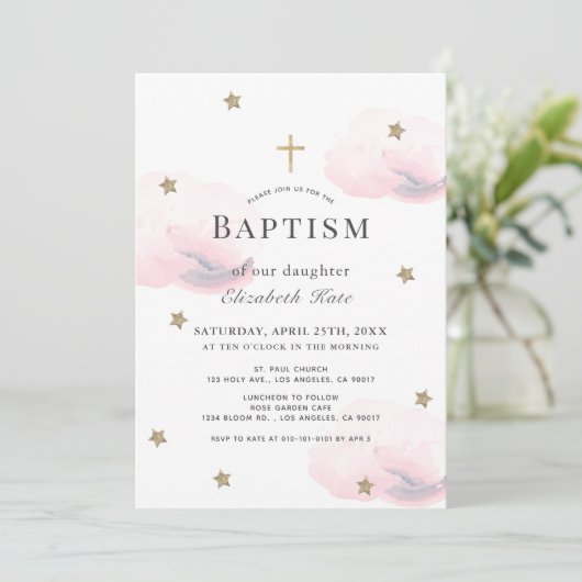 Gold Stars & Roze Clouds Girl Baptisme Kaart (Staand voorkant)