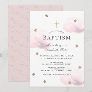 Gold Stars & Roze Clouds Girl Baptisme Kaart