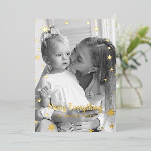 Gold Stars Sparkle-kerstfoto Folie Feestdagenkaart (Staand Voorkant)