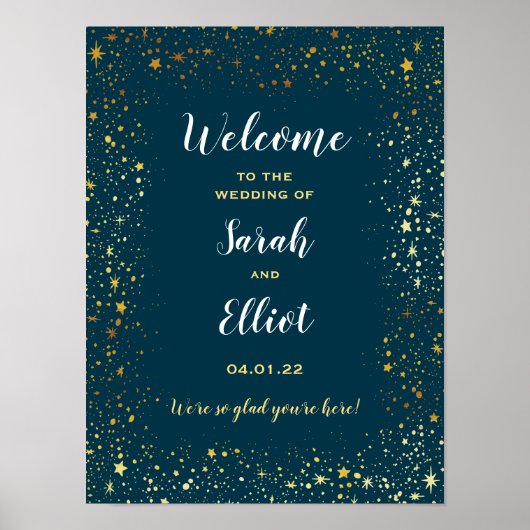 Gold Stars Sparkle Navy Wedding Welcome Poster (Voorkant)