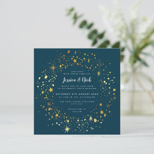 Gold Stars Sparkle Wedding Invitation Kaart (Staand voorkant)