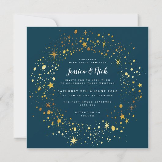 Gold Stars Sparkle Wedding Invitation Kaart (Voorkant)