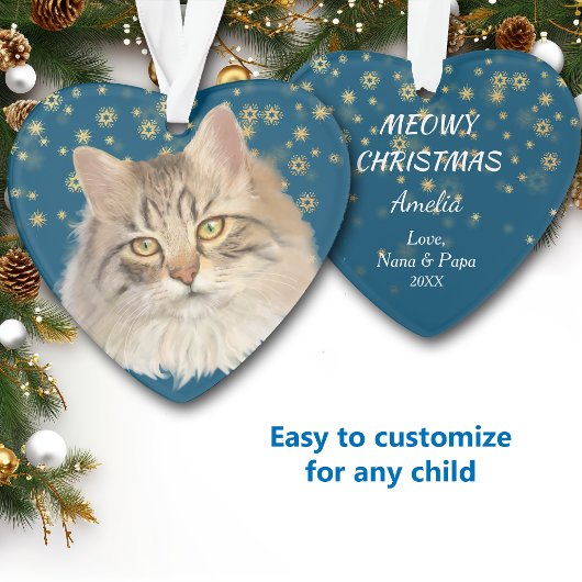 Gold Stars Tabby Cat Grandchild Blue Ornament