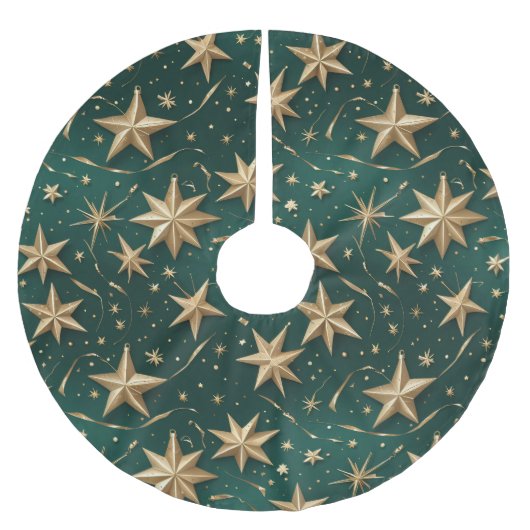 Gold Stars Tree Skirt | Dark Green Elegant Decor Kerstboom Rok (Voorkant)