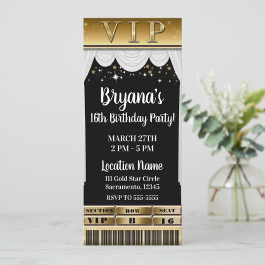 Gold Stars White Curtains Elegant Party VIP Ticket Kaart (Staand voorkant)