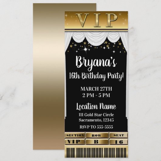 Gold Stars White Curtains Elegant Party VIP Ticket Kaart (Voorkant / Achterkant)