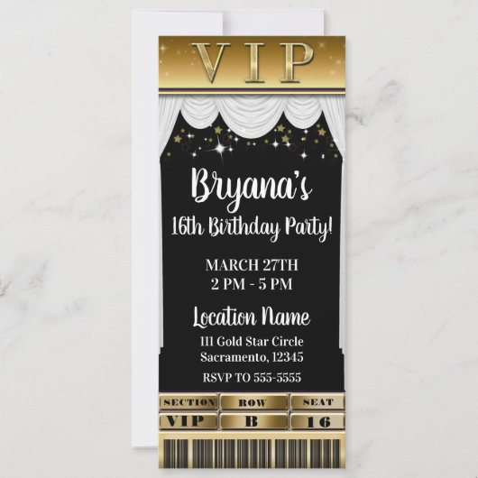 Gold Stars White Curtains Elegant Party VIP Ticket Kaart (Voorkant)