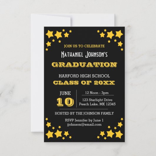 Gold Stars Zwart Afstuderen Invitation Kaart (Achterkant)