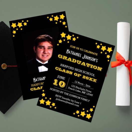 Gold Stars Zwart Afstuderen Invitation Kaart