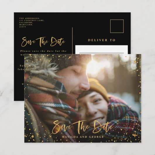 Gold sterren script foto moderne bruiloft aankondigingskaart (Voorkant / Achterkant)