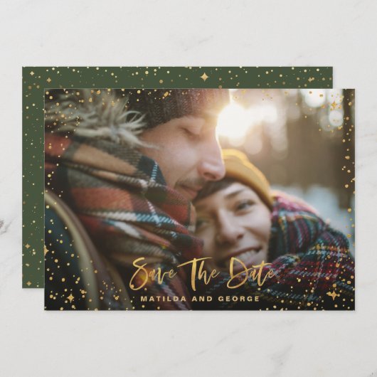 Gold sterren script foto moderne bruiloft save the date (Voorkant / Achterkant)