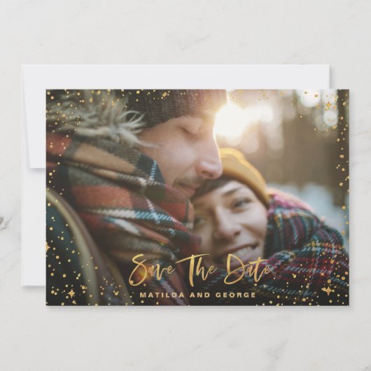 Gold sterren script foto moderne bruiloft save the date (Voorkant)