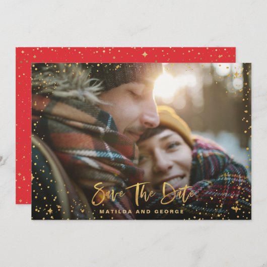 Gold sterren script foto moderne bruiloft save the date (Voorkant / Achterkant)