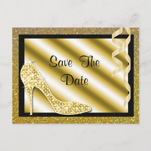 Gold Stiletto & Streamers 45e Save The Date Aankondigingskaart (Voorkant)