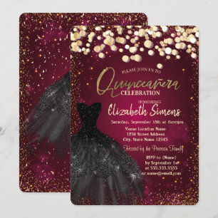 Gold Stippen, Black Dress Burgundy Quinceañera Kaart