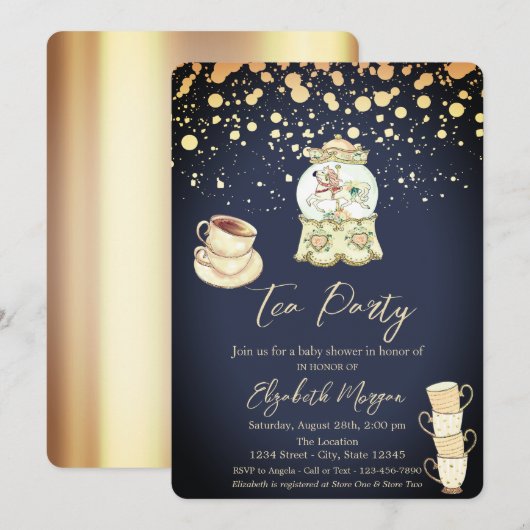 Gold Stippen Tea Party Navy Blue Baby shower Kaart (Voorkant / Achterkant)