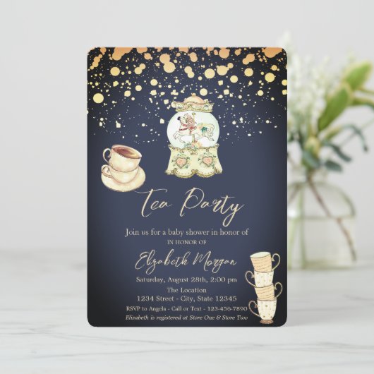 Gold Stippen Tea Party Navy Blue Baby shower Kaart (Staand voorkant)