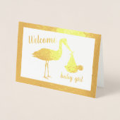 Gold Stork Welcome Girl Baby Gefeliciteerd Kaart (Voorkant)
